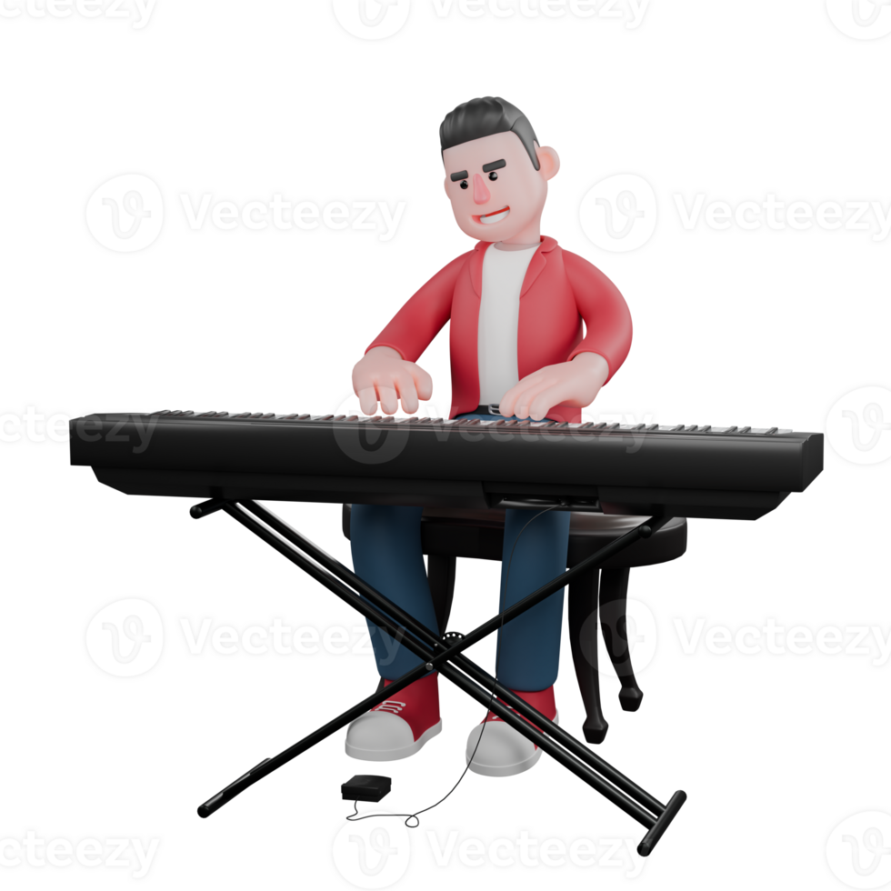 3D Music Character. A male singer sits while playing the organ with both hands with a happy expression. Male Singer Illustrated png