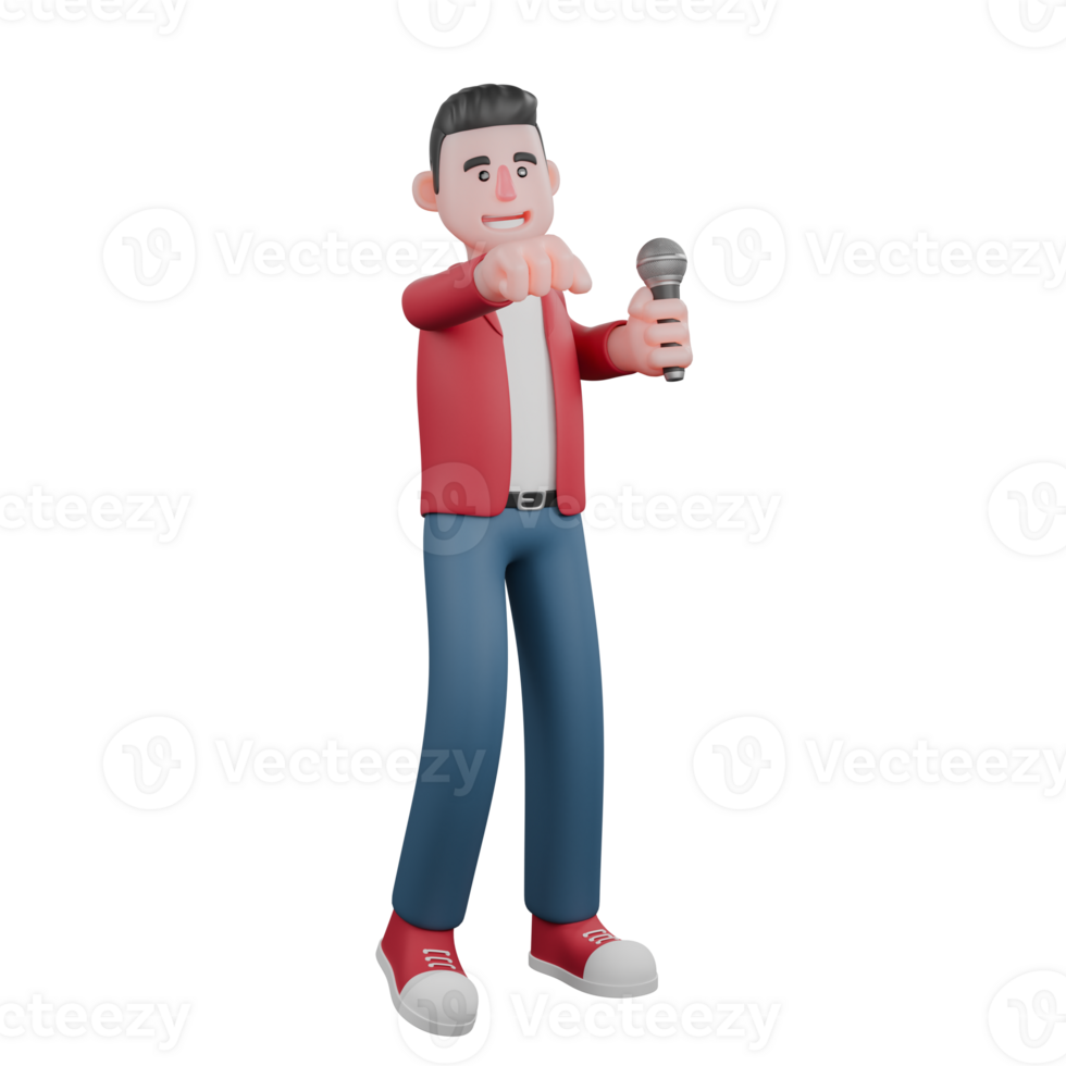 Animated Male Singer Character. A male singer is standing while holding a mic. 3D Vocalist png