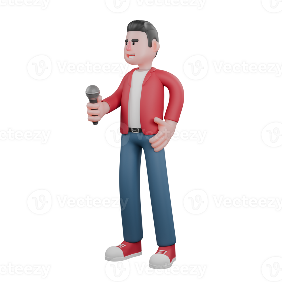 Cartoon Style 3D Singer. A male singer stands holding a mic in his right hand with a happy expression. Stage Artist Character png