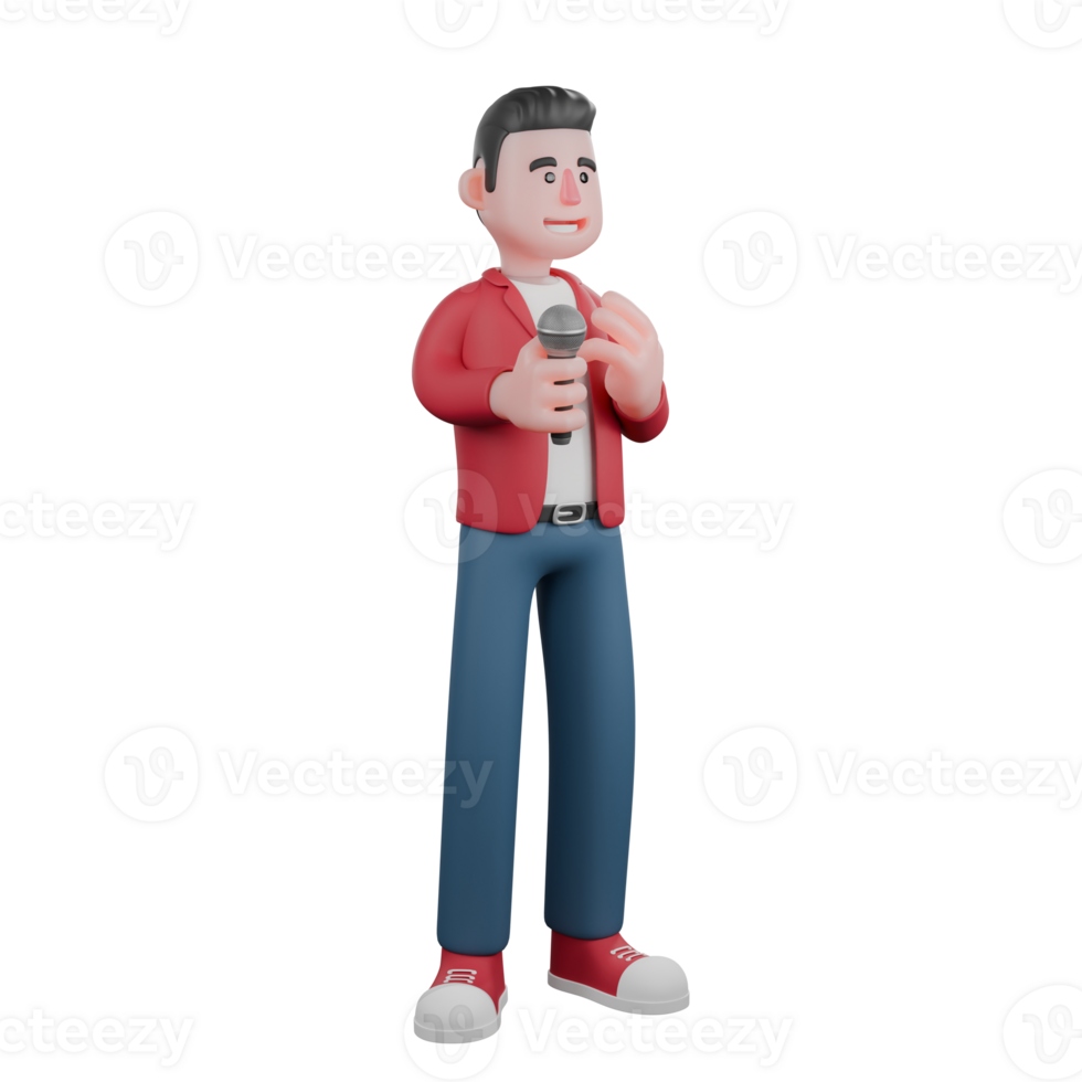 3D Vocal Character Model. A male singer is standing holding a mic in his left hand and his right hand is in front of his chest. Male Singer png