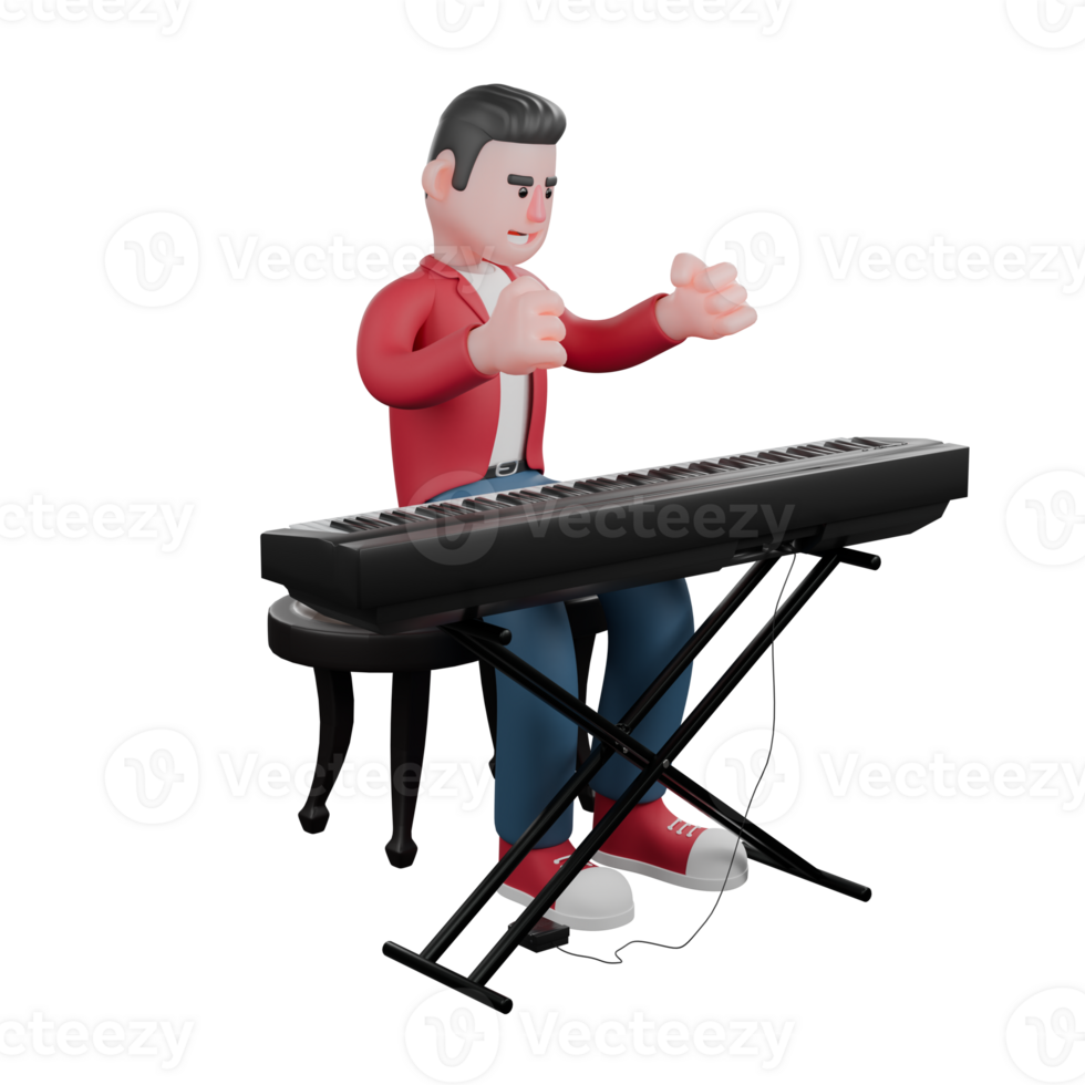 3D Model of Cartoon Singer. A male singer sits behind an organ with both hands clenched on top of the organ. Musical Performer Character png