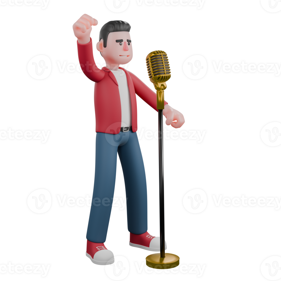 3D Animated Male Performer. A male singer is standing in front of a microphone stand with his right hand raised up. Singer Character png