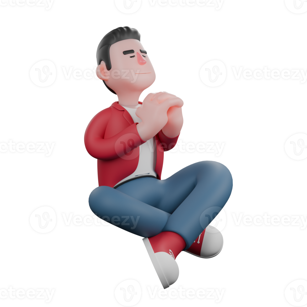Male Vocalist 3D Model. A male singer sits cross-legged with his eyes closed, his hands folded in front of his chest as if in prayer or contemplation. Music Talent Cartoon png