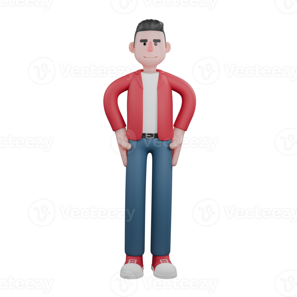 3D Cartoon Character of Singer. A male singer stands with his hands on his waist with a happy expression. Musical Talent png