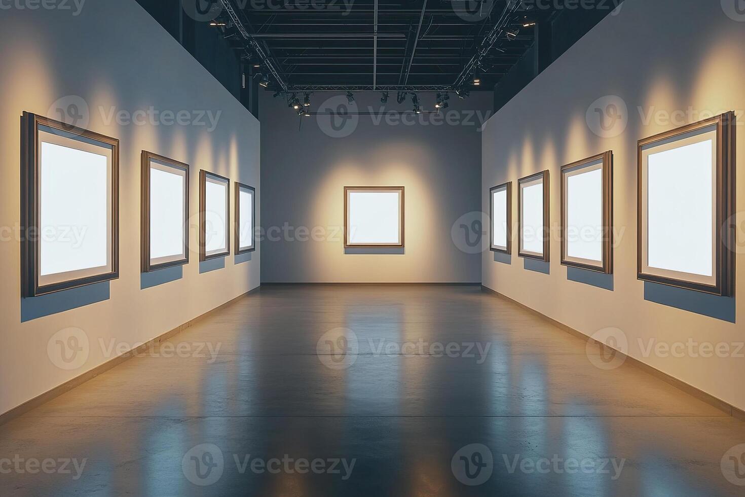 Art gallery interior with empty picture frames on the walls under spotlights. Generated by artificial intelligence photo