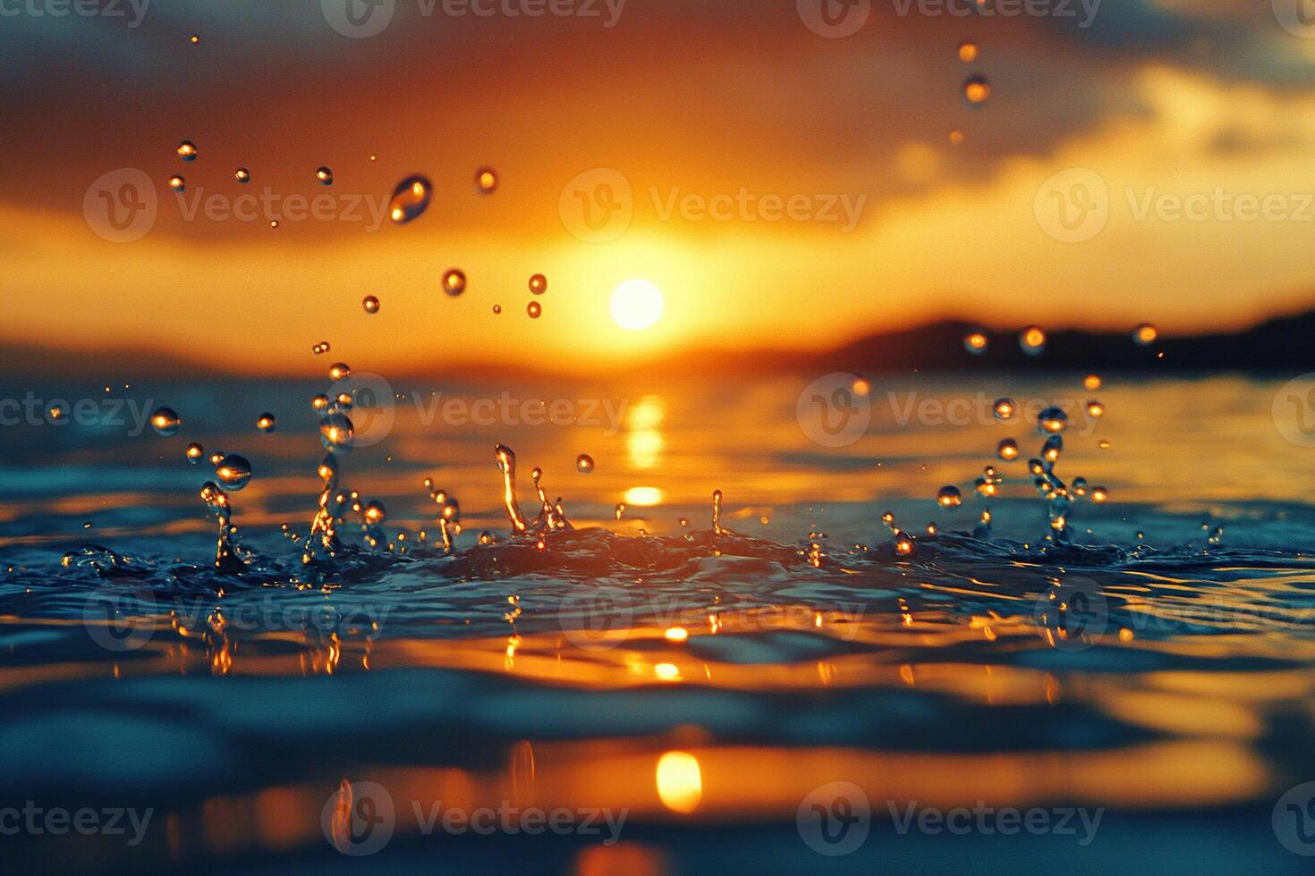 Water splash with splashes on water against sunset background. Generated by artificial intelligence photo