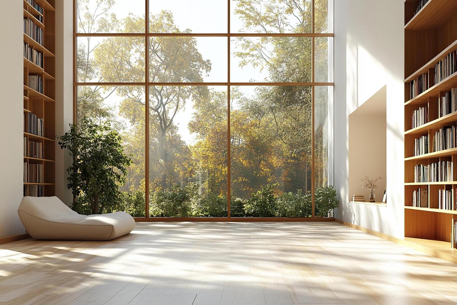 A spacious, bright room with high bookshelves, panoramic windows and a comfortable bean bag chair. Generated by artificial intelligence photo
