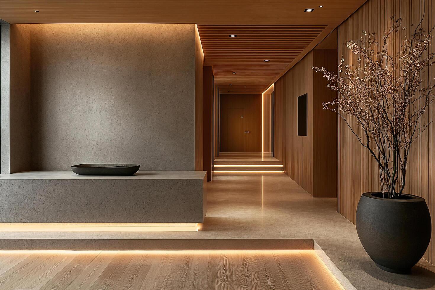 Luxurious interior of a spa salon in a minimalist natural style. Generated by artificial intelligence photo