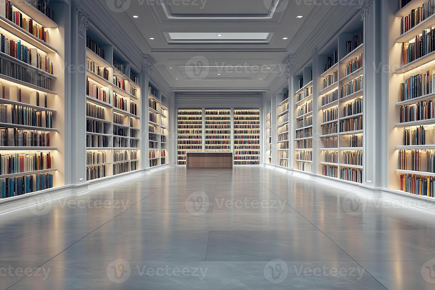 Large room with high bookshelves. Bookstore interior. Minimalism. Generated by artificial intelligence photo