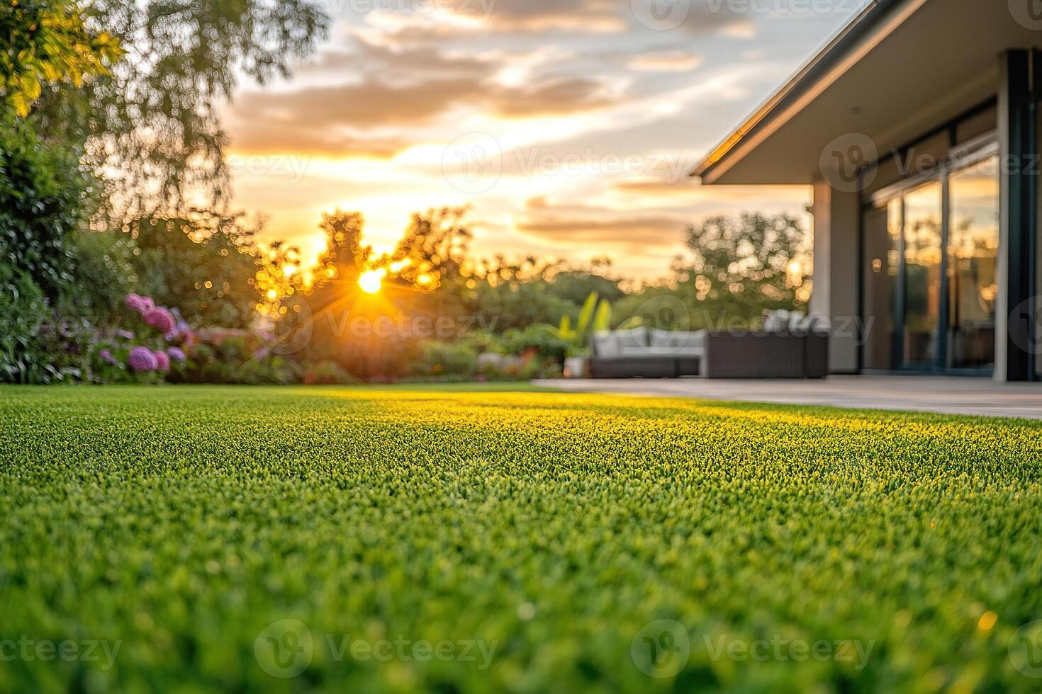 Ground level view of a well maintained and recently cut lawn seen within a large garden just before sunset. Golden light is seen streaming in from a distant hedge in early summer. photo