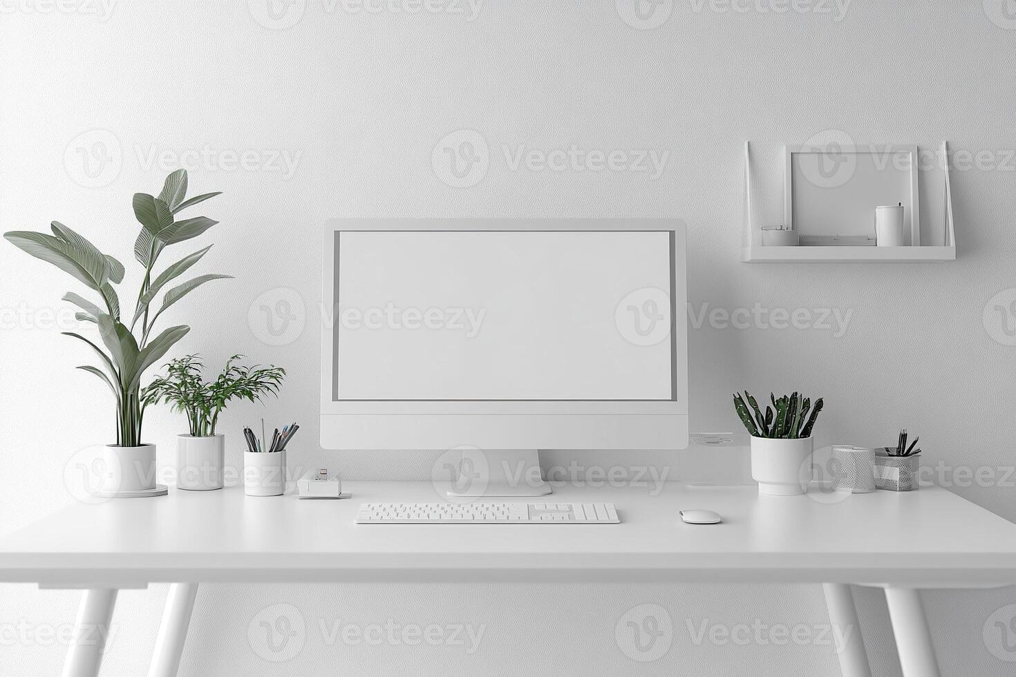 Front view of a modern minimalist room with a white desk and a blank screen monitor. Workspace at home. Generated by artificial intelligence photo