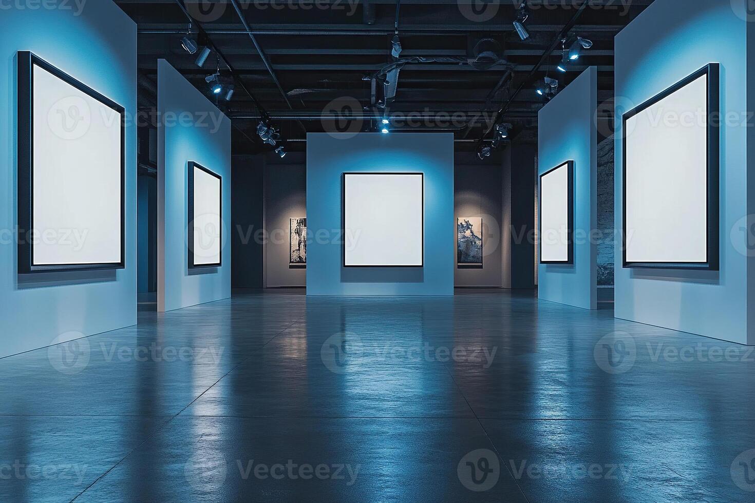 Empty fashion gallery with empty picture frames illuminated by spotlights. Museum or studio interior with white posters in black frames. Art exhibition template photo