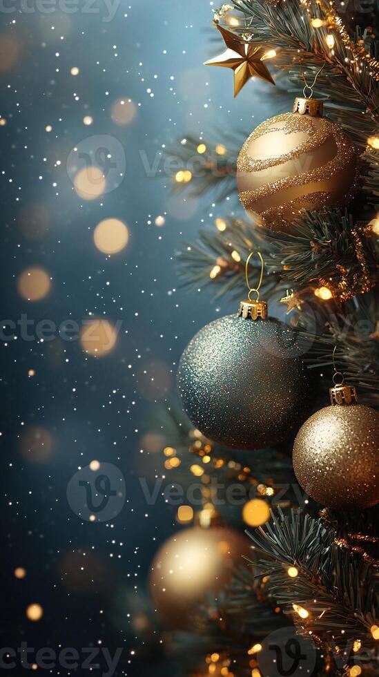 Christmas banner with fir tree, balls, stars, decorations and blurred background. Generated by artificial intelligence photo