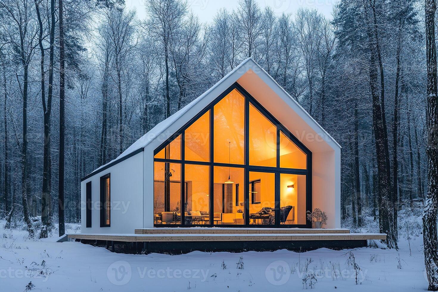 Beautiful house with large windows located in the forest. Winter forest landscape with a modern house in the evening. photo