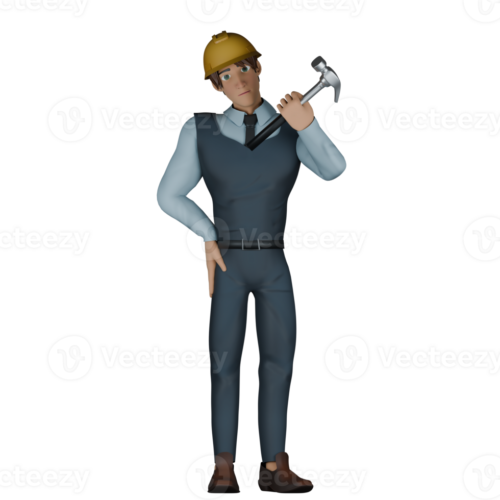 3D Model of Cartoon Architect. A male architect is standing with his left hand lifting a hammer and his right hand is on his waist. Urban Planning Expert png