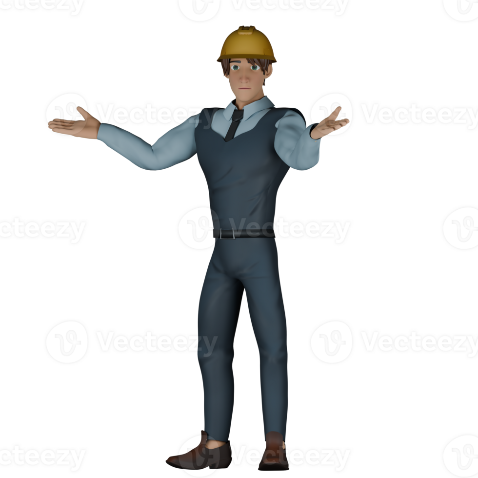Urban Development Expert in 3D. A male architect is standing with his palms raised in opposite directions. Cartoon Architect png