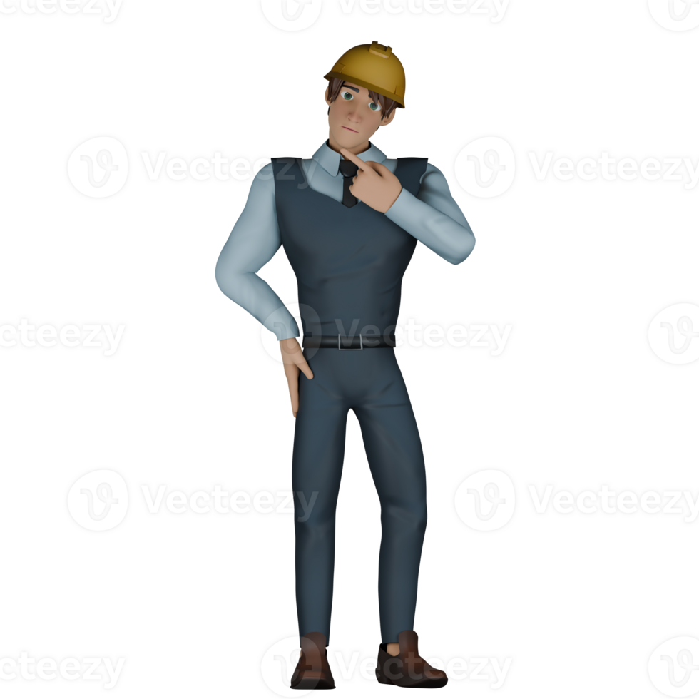 3D Professional Architect Character. A male architect is standing with his left hand pointing to the right and his right hand on his waist. Male Sustainable Design Expert png
