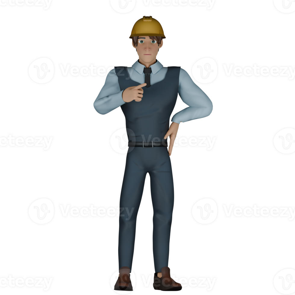 Illustrated 3D Architect. A male architect is standing with his right hand pointing at a tie he is wearing and his left hand on his waist. Male Designer Cartoon png