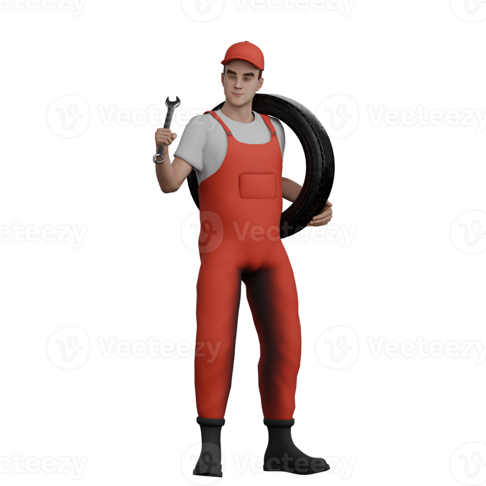Illustrated of 3D Male Mechanic. A male mechanic is standing while carrying a car band while holding the crank. Professional Cartoon png