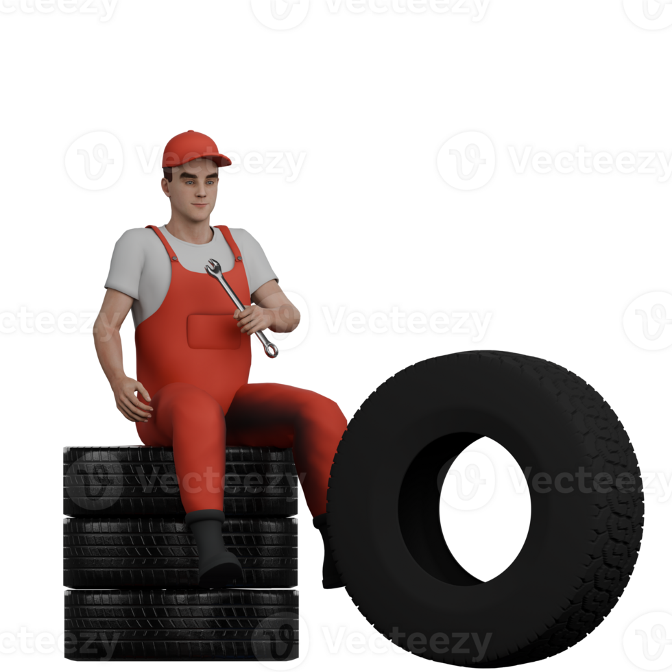 Professional 3D Automotive. A male mechanic sits on a pile of cars with his left hand carrying a Y crank. Male png