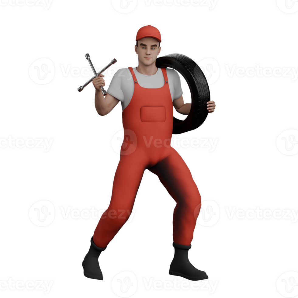 Cartoon Professional Mechanic. A male mechanic walks carrying a car tire and an X crank in both hands. 3D Male png