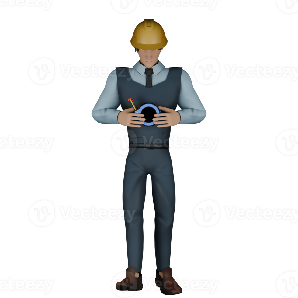 3D Cartoon Landscape Architect. A male architect is standing while holding a meter roll with both hands. Environmental Design Scene png