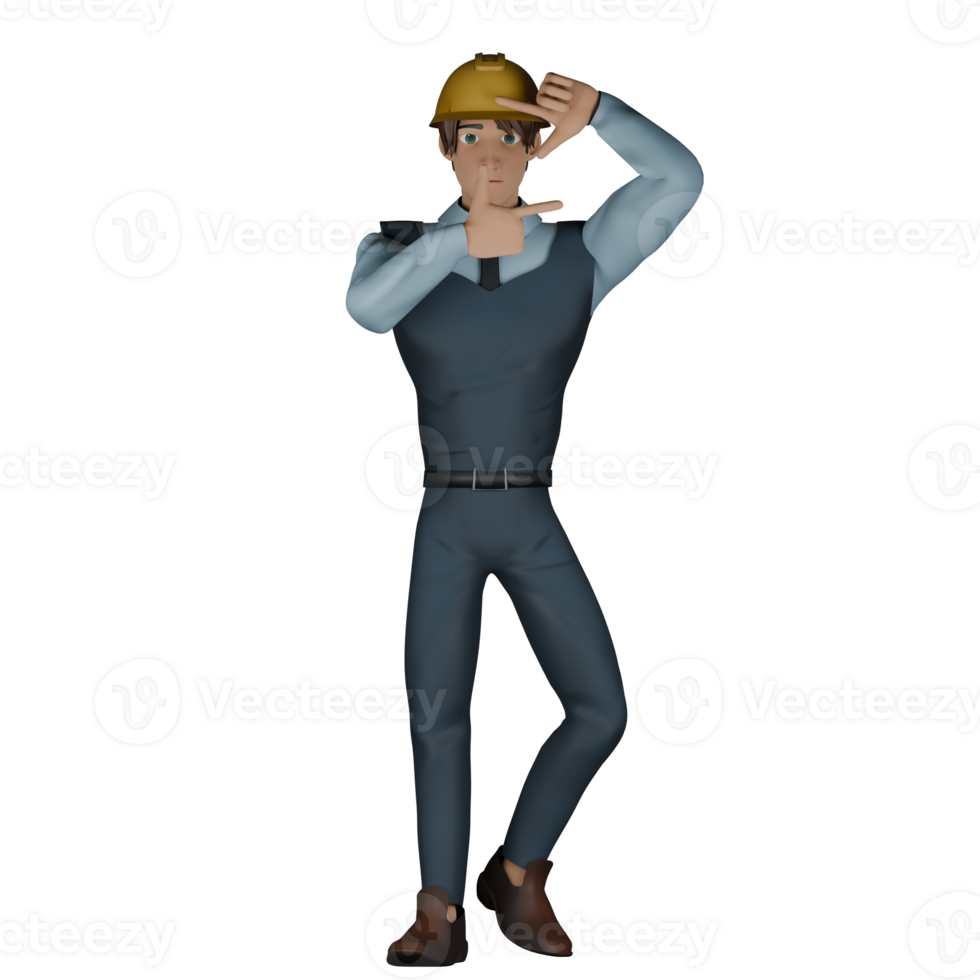3D Male Building Expert. A male architect is standing while measuring from a distance with both fingers forming a square. Illustrated Architecture Character png