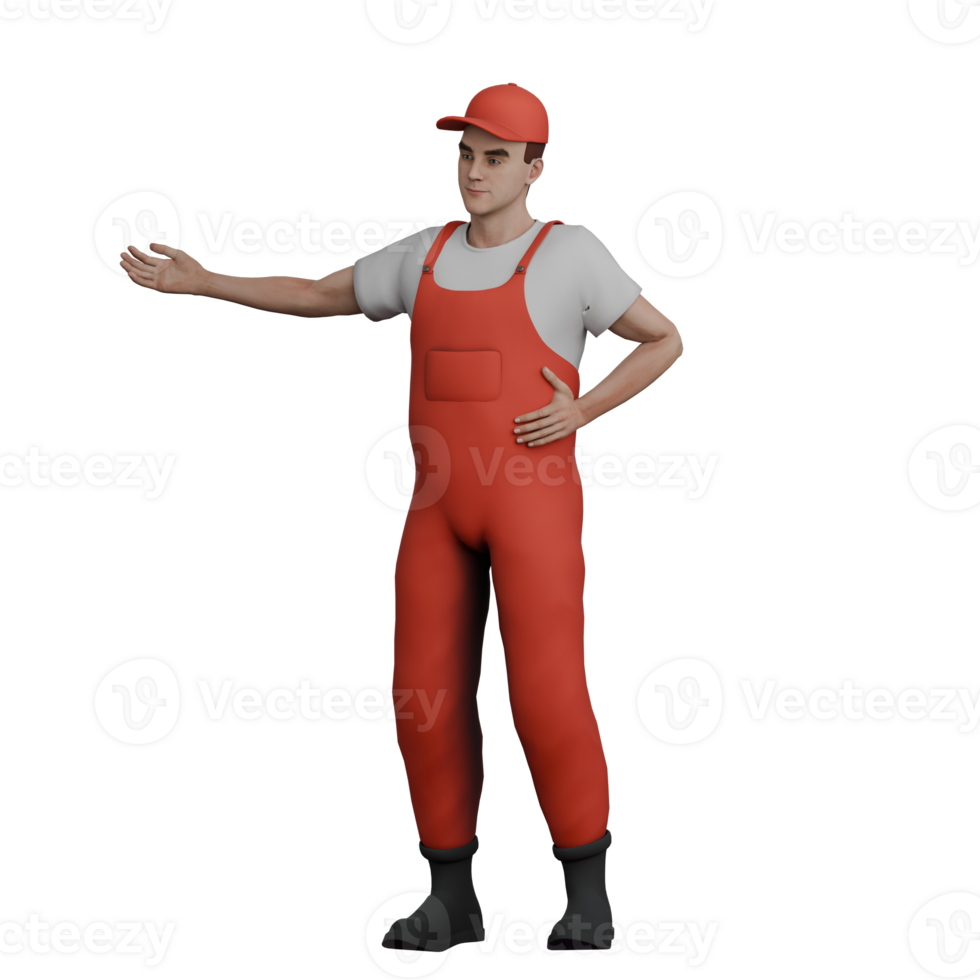 3D Cartoon of Male Mechanic. A male mechanic stands extending his left hand to the side with his palm facing up. Professional png