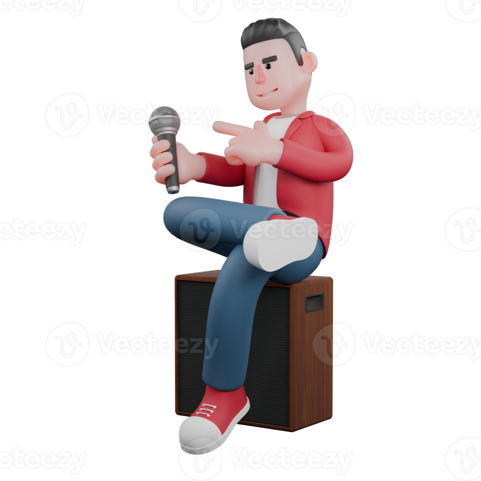 Vocalist Cartoon in 3D. A male singer is sitting on a speaker while pointing at a mic he is holding. Singing Artist png