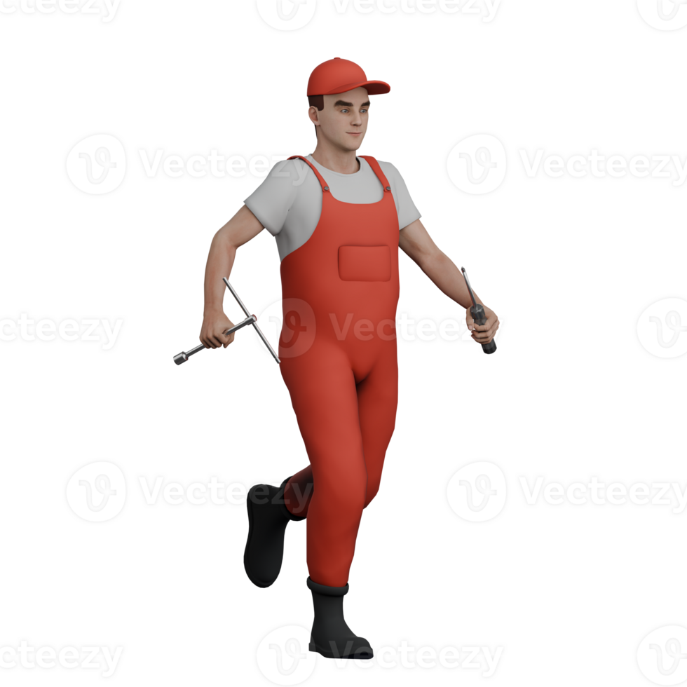 3D Male Mechanic Character in Action. A male mechanic runs carrying a screwdriver and a T-crank in both hands. Professional png