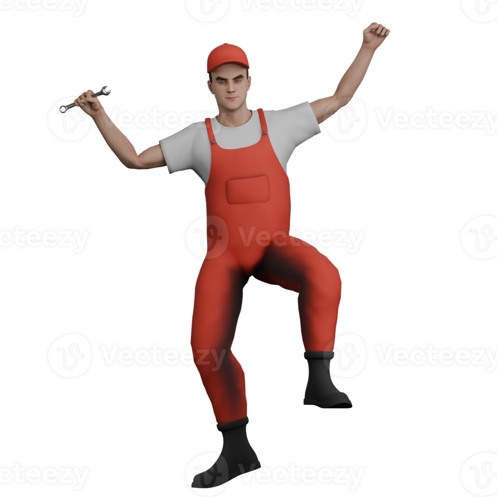 Male Mechanic in 3D Professional Automotive. A male mechanic is dancing and jumping with both hands raised and holding a crank. Cartoon png