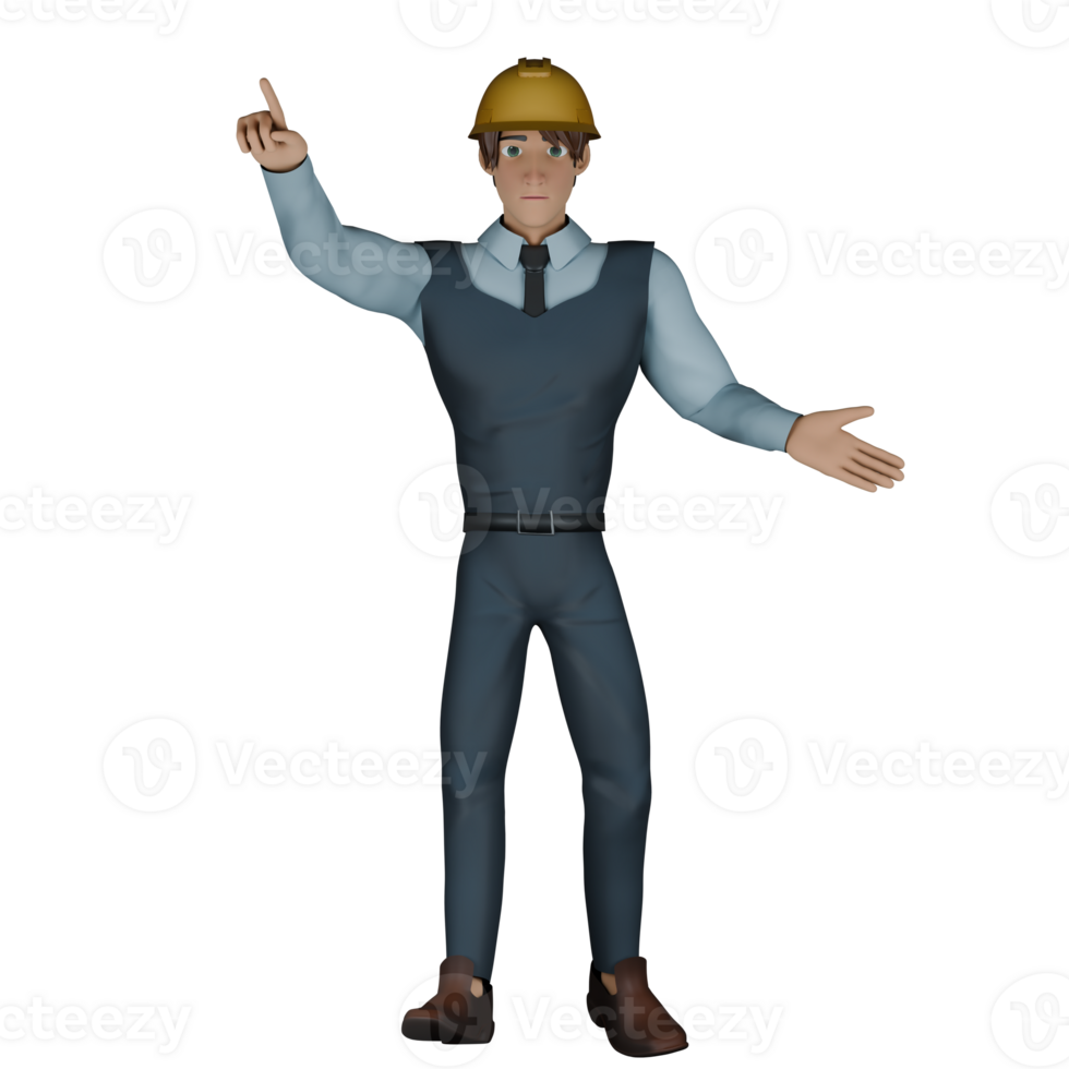 Illustrated of a Professional Architect. A male architect is standing with both hands stretched in opposite directions while pointing upwards. 3D Male png