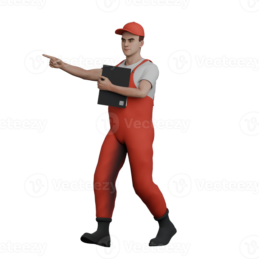 3D Illustrated of Professional Male Mechanic. A male mechanic is walking while carrying a tablet and pointing forward. Automotive png
