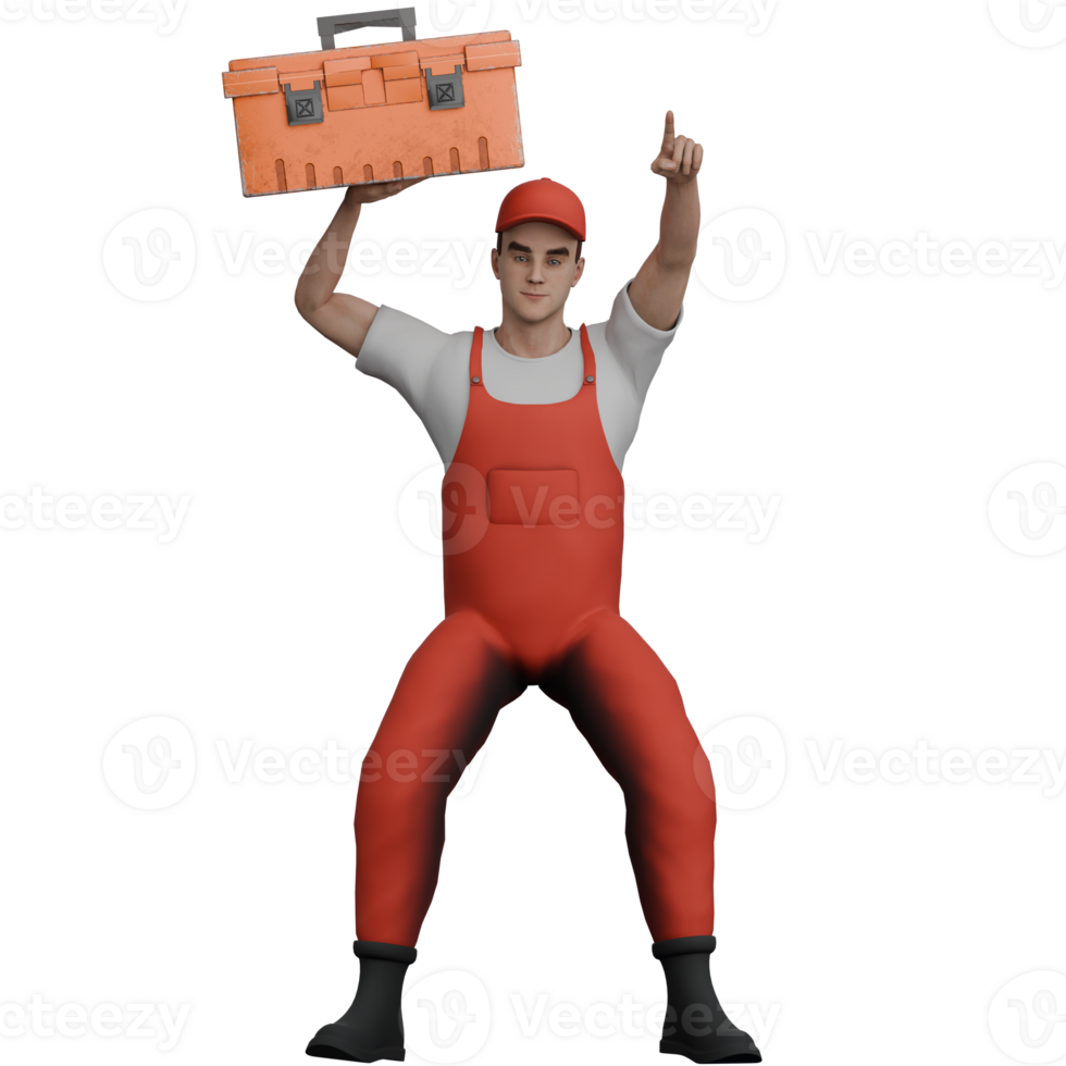 Automotive Male Mechanic .A male mechanic lifts a tool box with his left hand and his right hand points forward. 3D Professional Character png