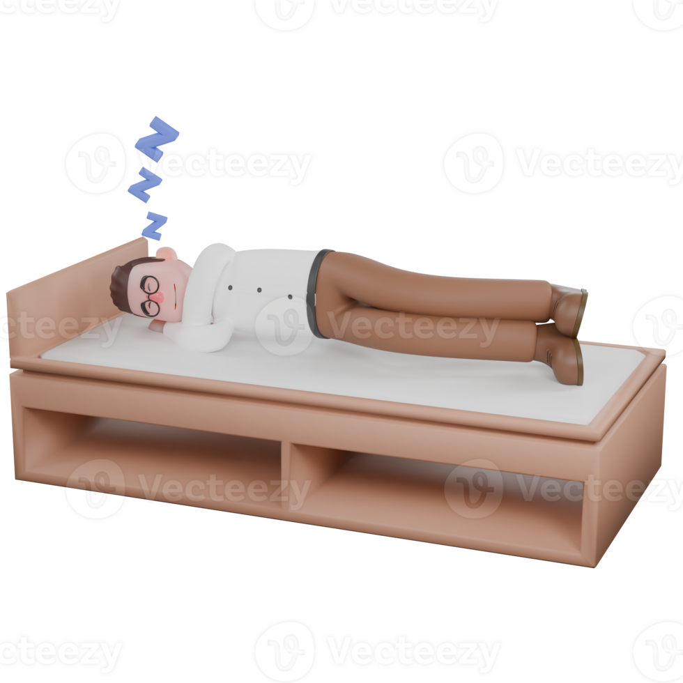 Illustrative 3D Male Sociologist. A male sociologist is sleeping soundly on a bed. He is lying on his back with his head on his hands. Male png