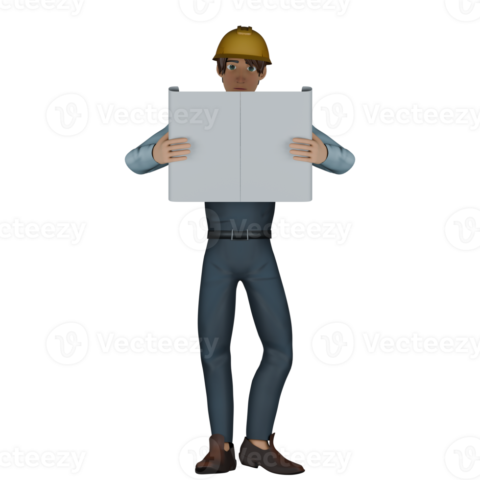 Building Architecture Expert 3D Model. A male architect is standing facing forward while reading a building design plan. Architect Cartoon png