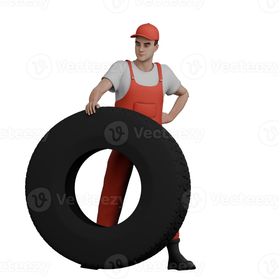 Male Mechanic Illustrated 3D. A male mechanic stands behind a large car tire with his left hand on the tire and his right hand on his waist. Professional Automotive png
