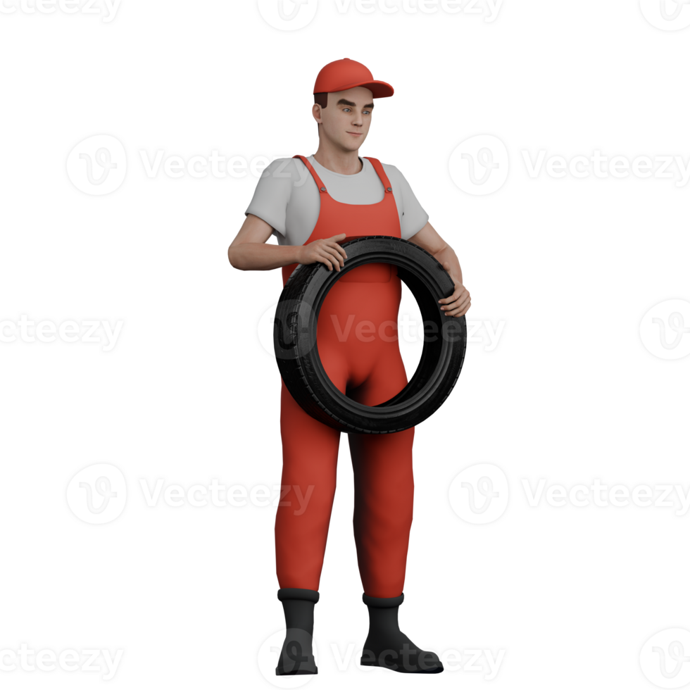 3D Automotive Enforcement Male Mechanic. A male mechanic stands holding a car tire with both hands. Professional png