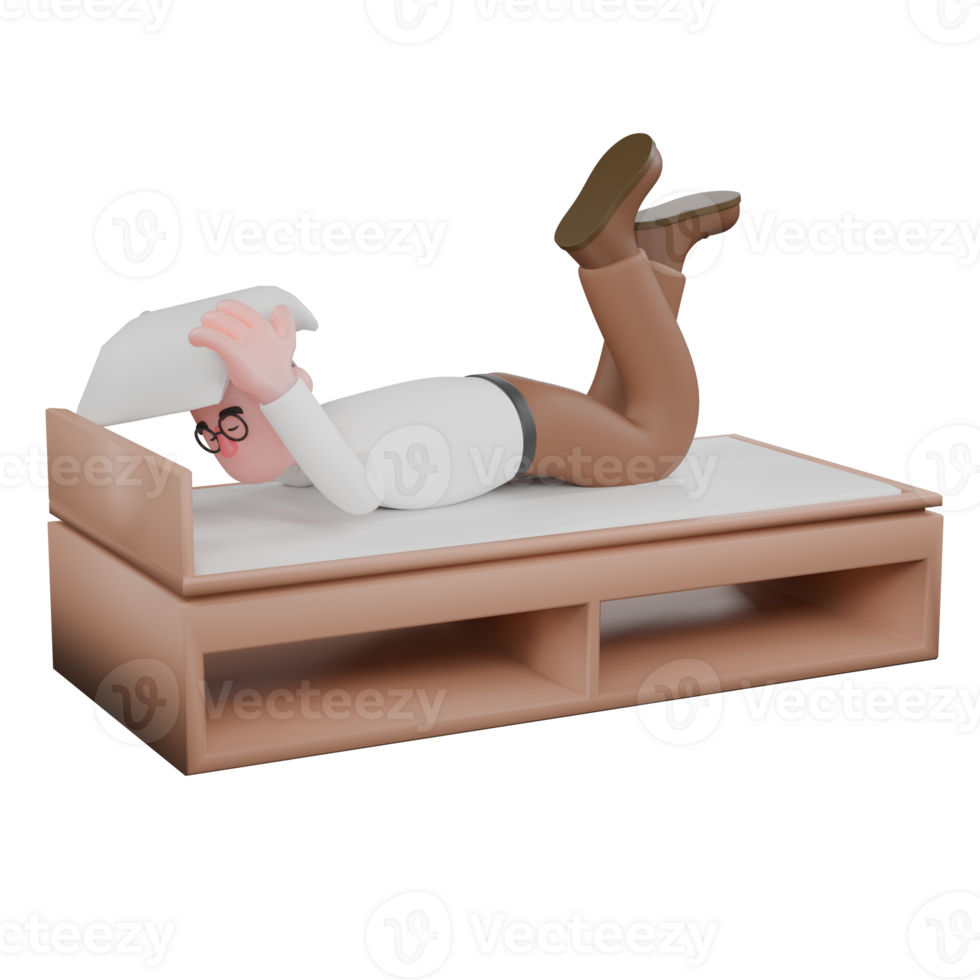 Masculin professionnel sociologue - 3d personnage. une Masculin sociologue est mensonge sur une lit avec le sien mains en portant une oreiller. sociétal png