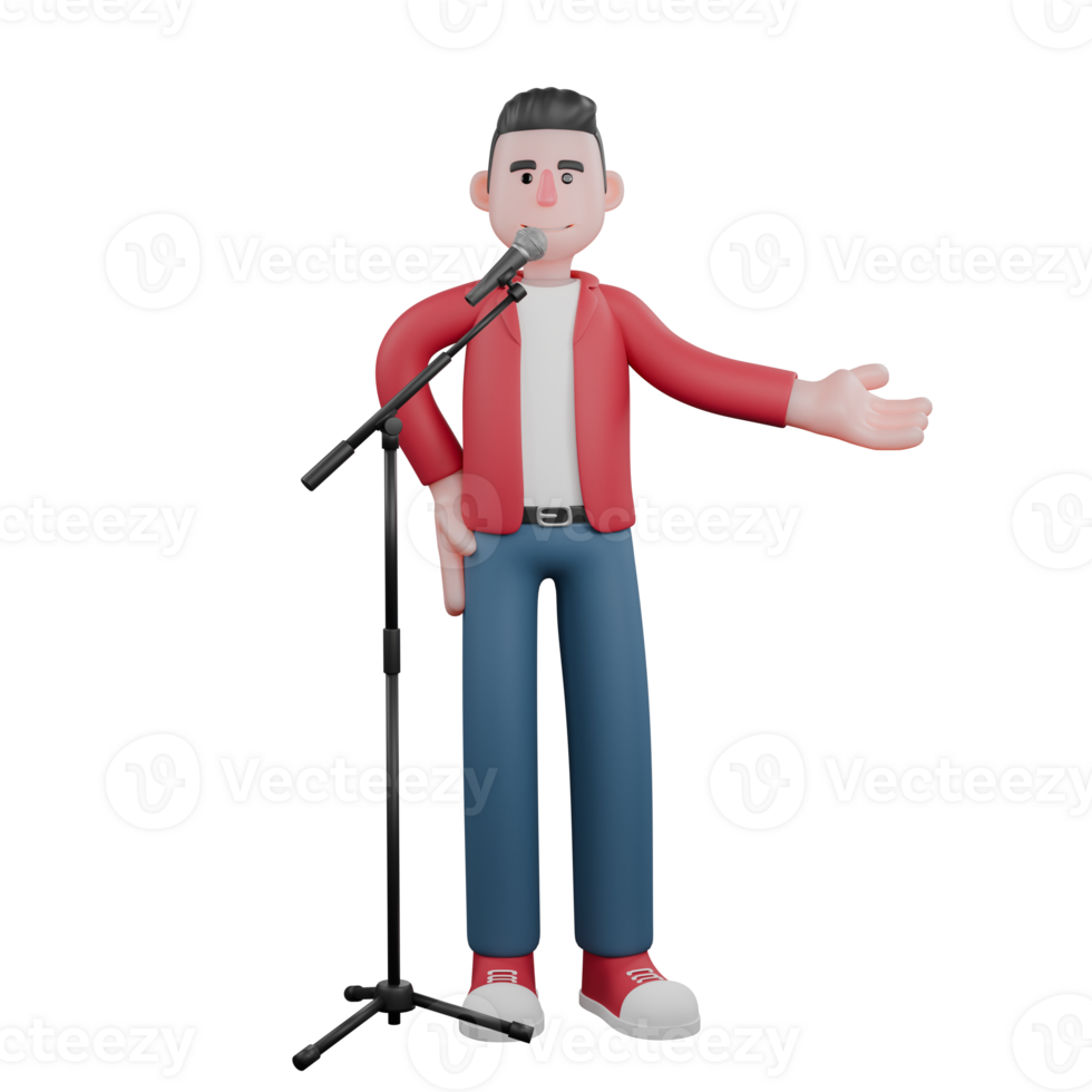 3D Singing Star. A male singer is singing in front of a mic stand with his left hand raised to the side. Male Character Illustrated png