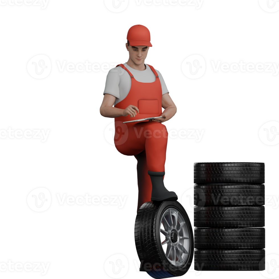 3D Male Mechanic Automotive Illustrated. A male mechanic is standing while writing and his feet are stepping on a band standing next to several piles of bands next to him. Professional png