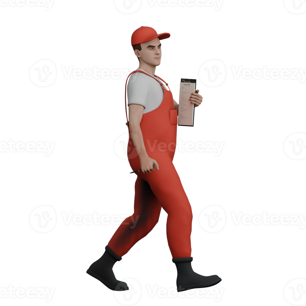 Male Professional Mechanic - 3D Character. A male mechanic is walking while carrying a clipboard and pen. Automotive png