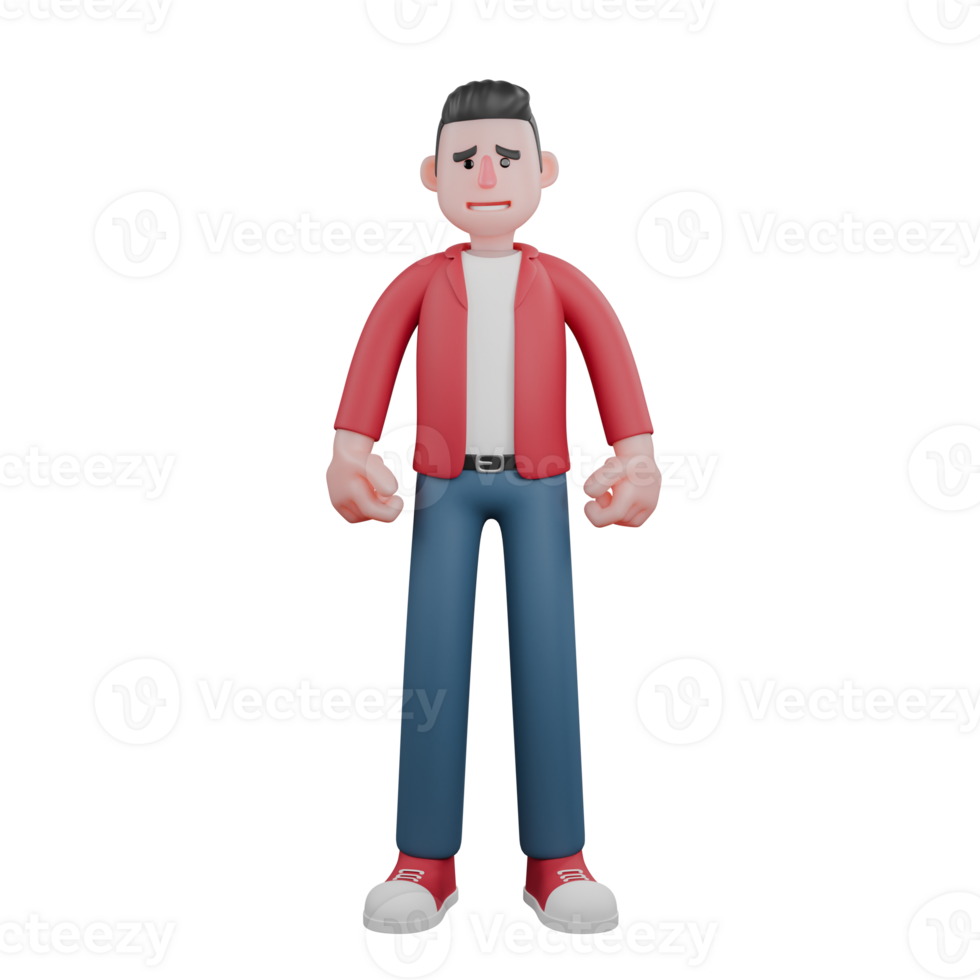 Cartoon Singer Model in 3D. A male singer is standing straight with a worried facial expression and both hands appear to be clenched downwards. Male Artist png