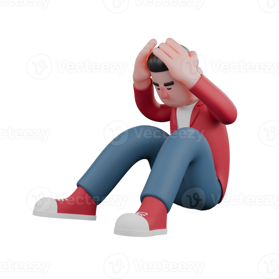 3D Character of Music Performer. A male singer is sitting on the floor with both hands above his head as if depicting disappointment. Male Vocalist png