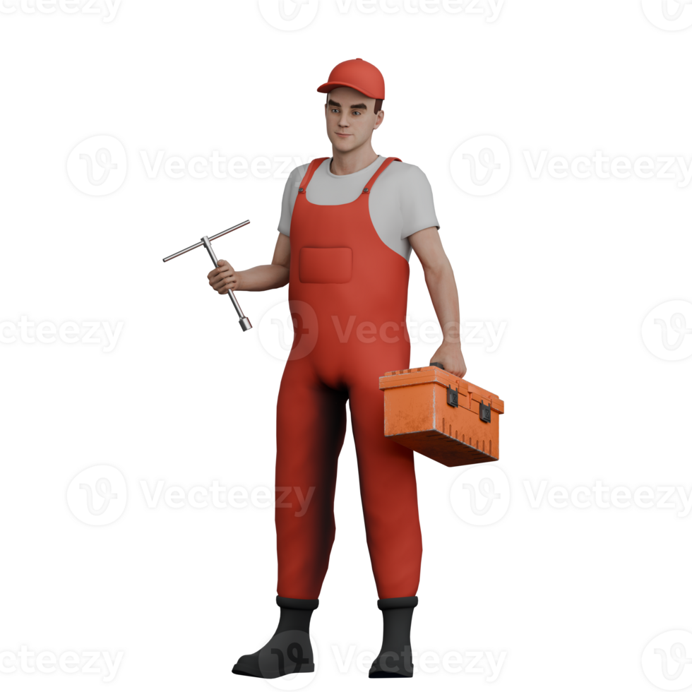 Professional Male Automotive Character. A male mechanic stands carrying a tool box and a T crank in both hands. 3D Mechanic png