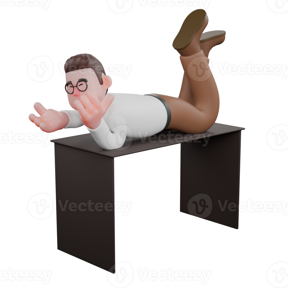 sociologue dans 3d. une Masculin sociologue est mensonge sur une table et élongation le sien mains comme si il est parlant ou expliquant quelque chose. dessin animé png