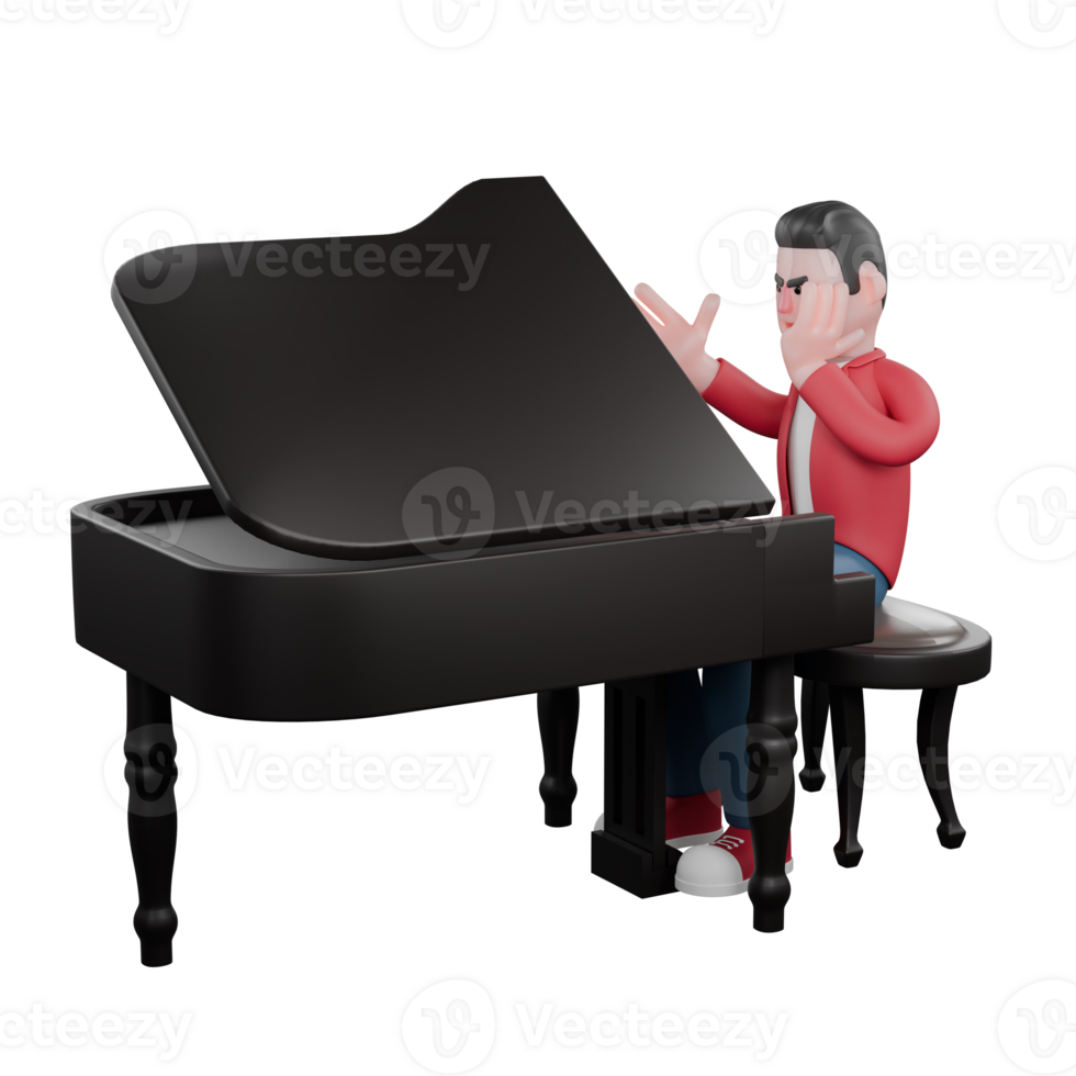 Animated Male Music Performer. A male singer is sitting on a piano chair with his left hand holding his cheek and his right hand raised up. 3D Vocalist png
