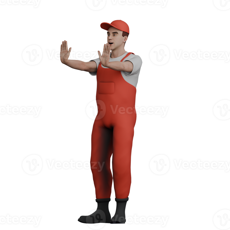 3D Male Mechanic in Action. A male mechanic is standing while waving both palms forward as if giving a prohibition or guiding parking. Professional Automotive png