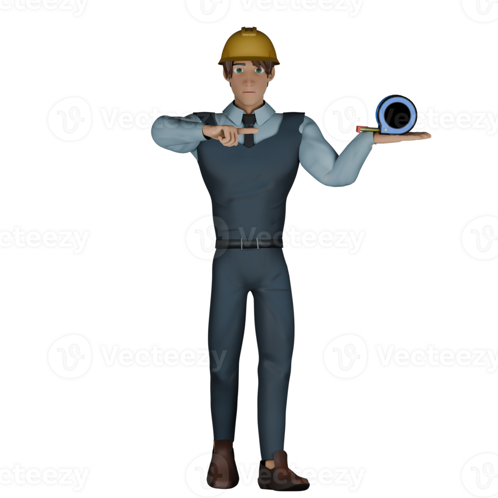 Professional Building Design Specialist Character. A male architect is standing while pointing a meter roll that he is carrying. 3D Male Model png