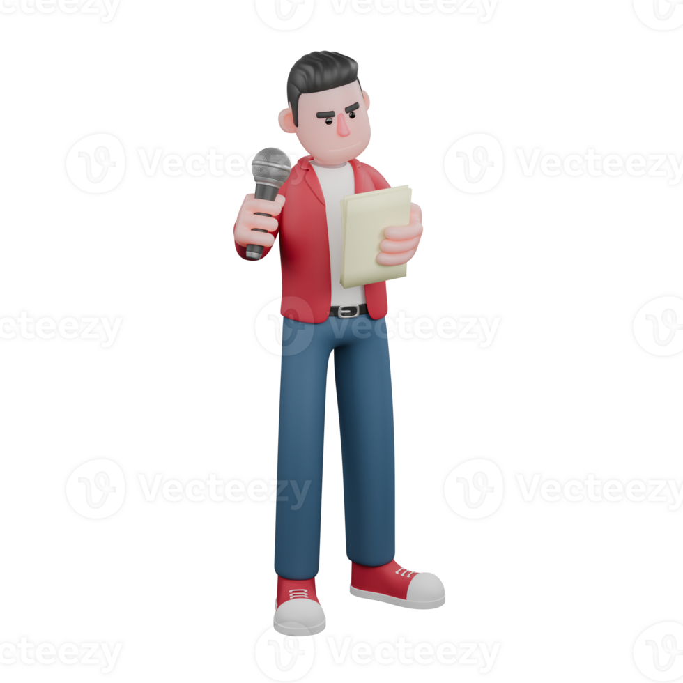 Animated Male Singer. A male singer is standing while reading a lyric book and holding a mic. 3D Vocal Performance png